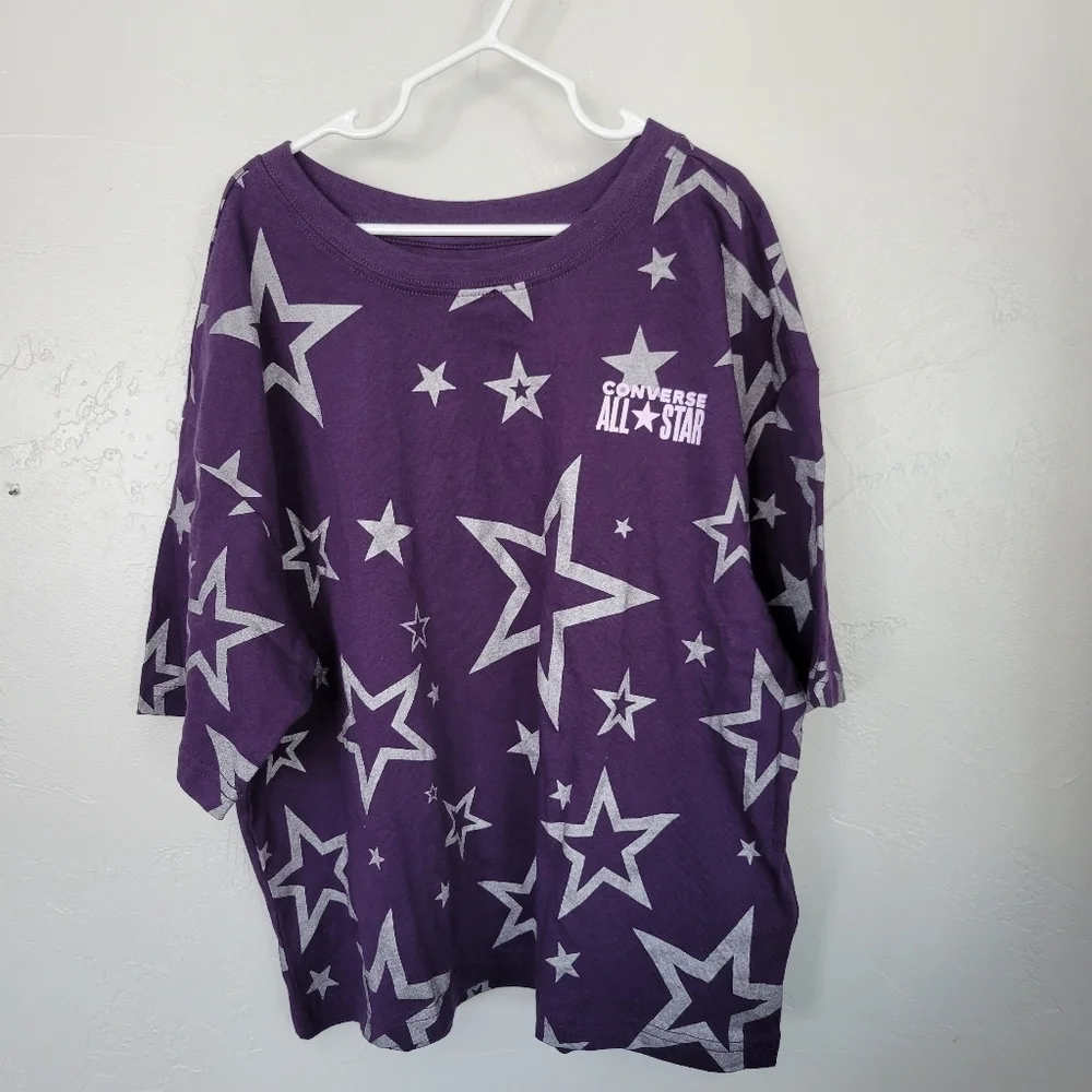 Converse NWOT Girls Large 12/13 Purple Short Sleeve Shirt Oversized Silver Stars